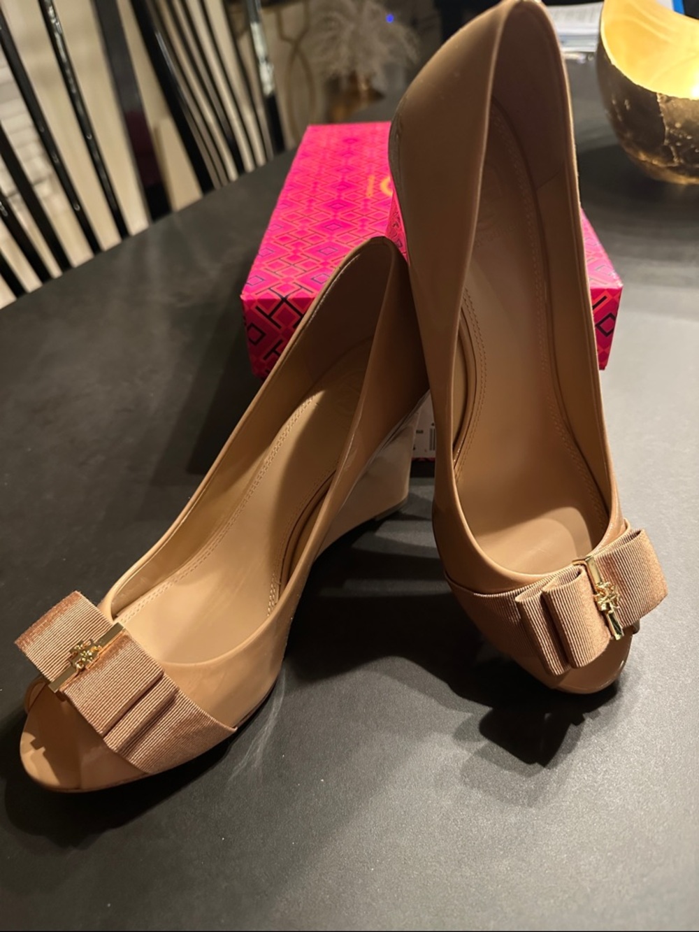 Tory Burch Women’s Neutral Bow Peep-Toe Wedge Pumps